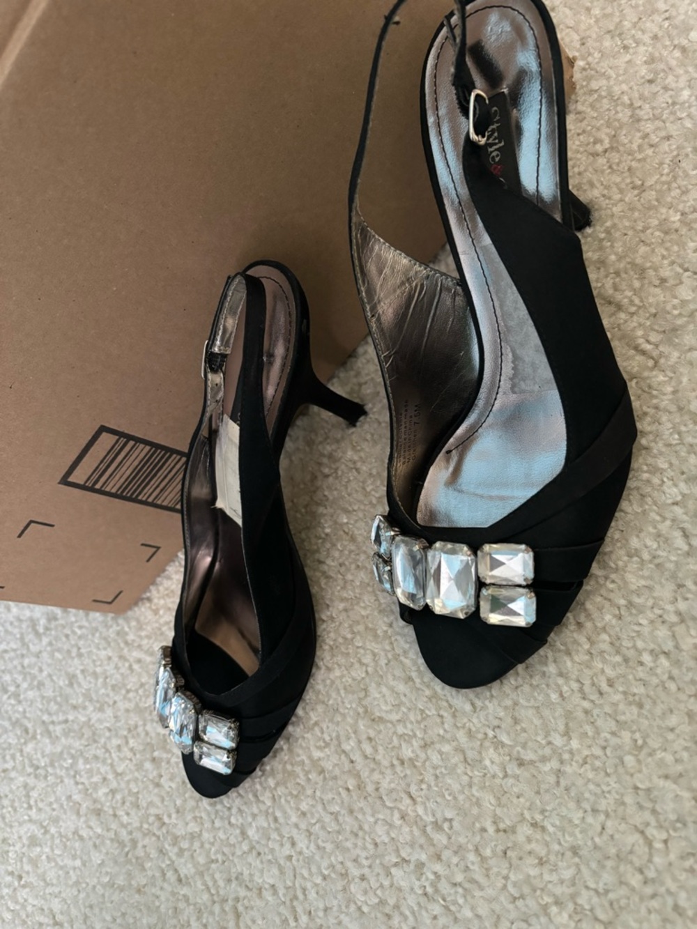 Style & Co. Black Satin Slingback Heels with Large Crystal Buckle